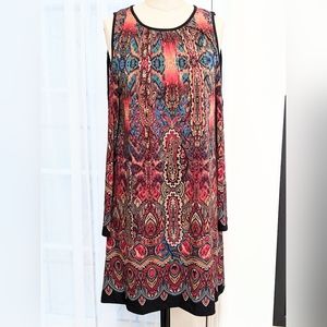 eci New York dress M paisley cold shoulder boho sexy party shift teal rust black